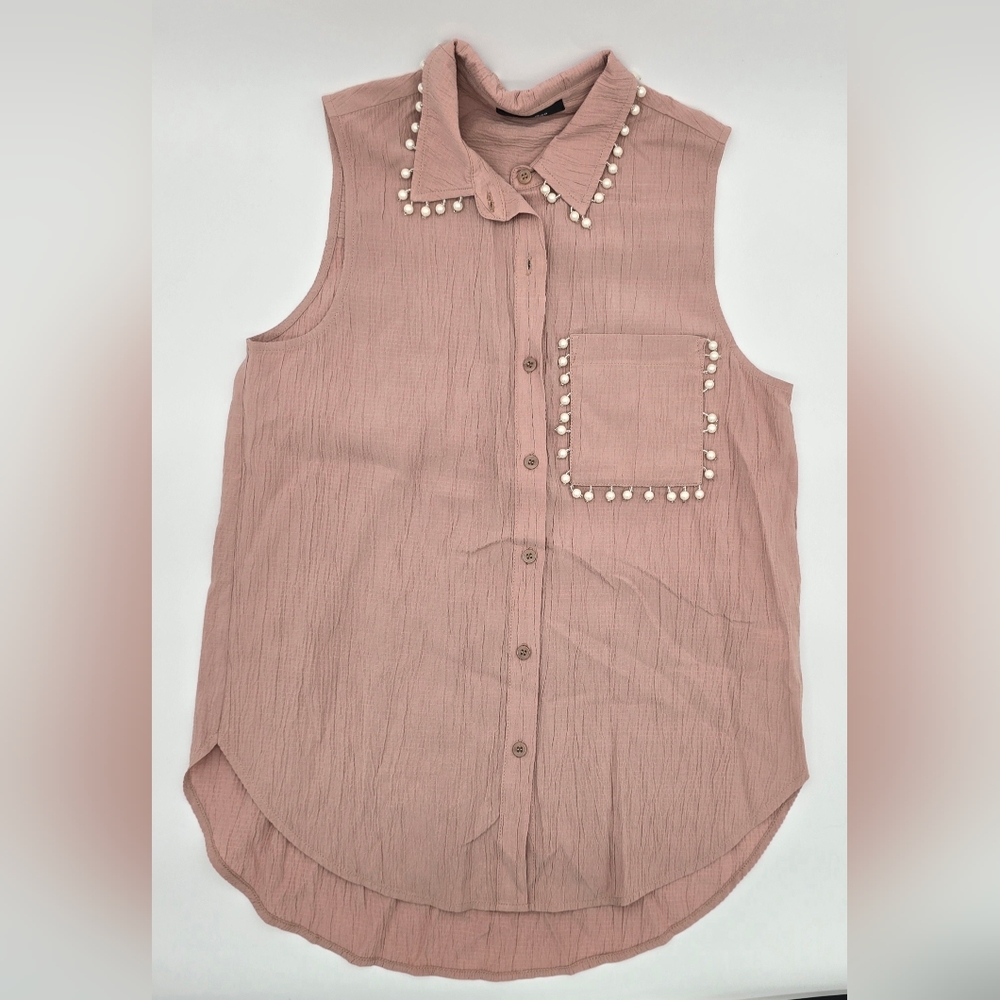 Button up tank top with pearl accents